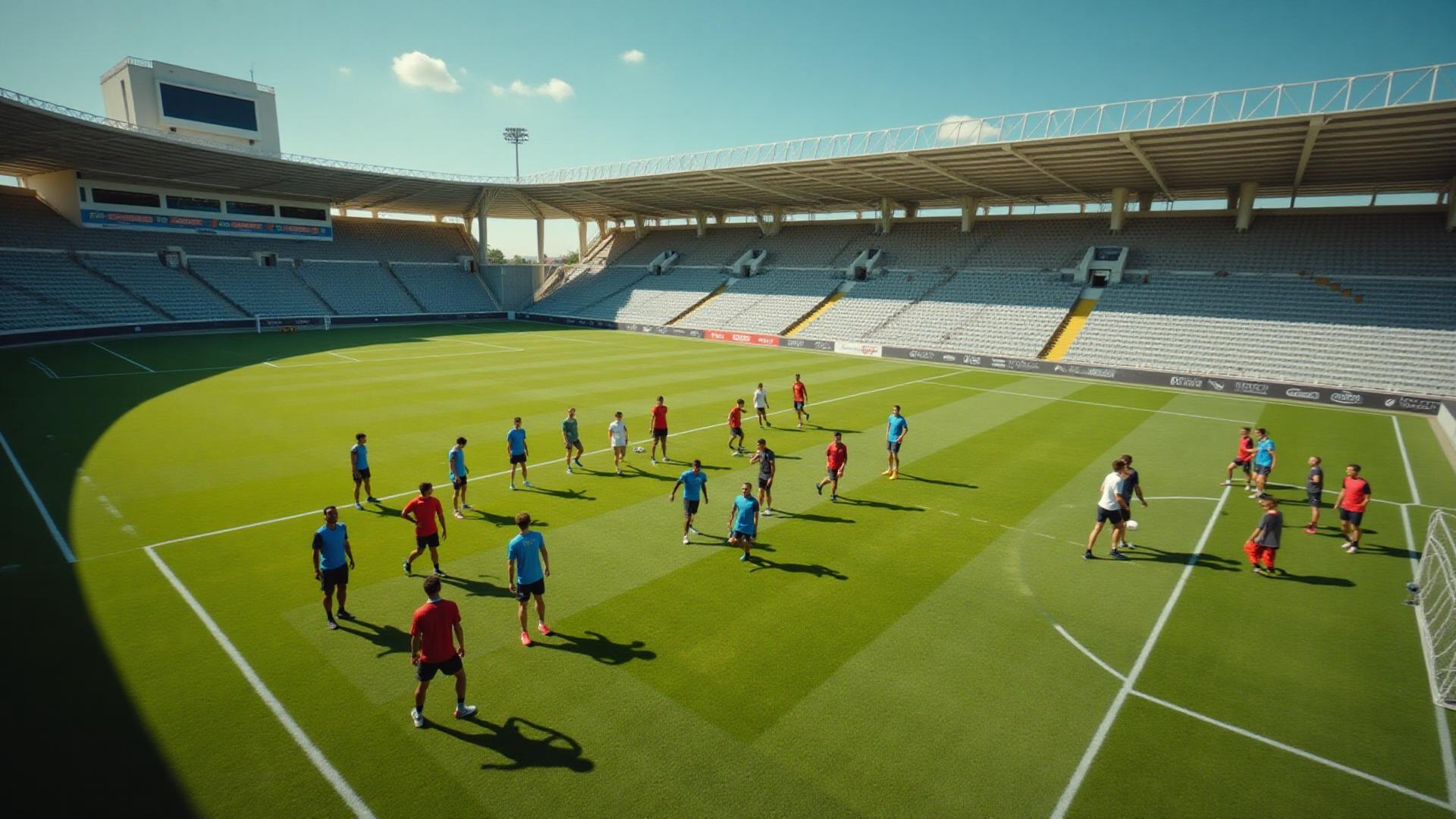Football players training on a stadium pitch